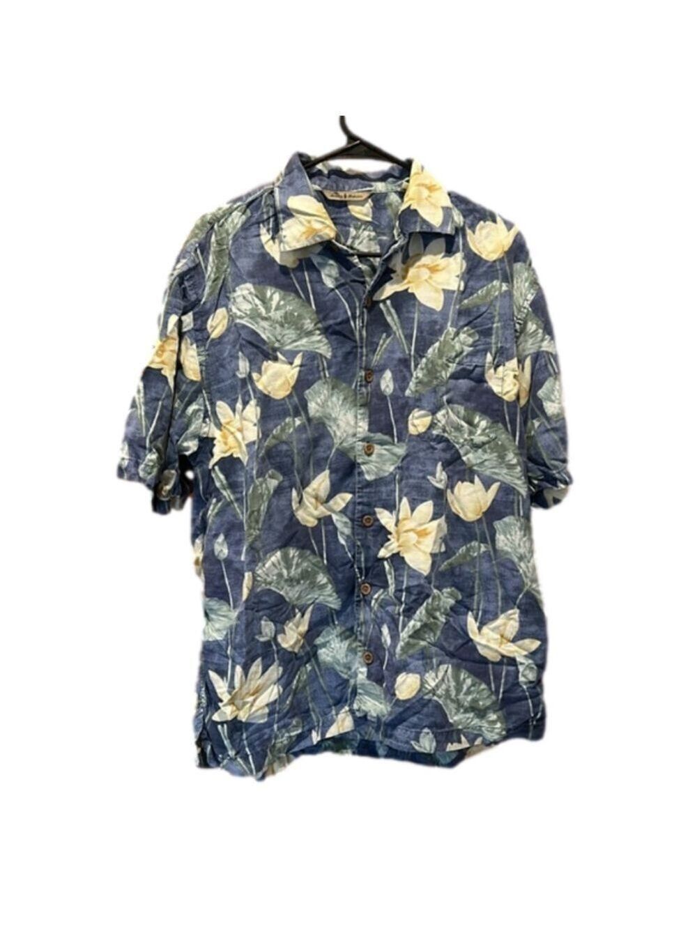 Tommy Bahama Men's Large Blue 100% Silk Hawaiian Short Sleeve Button-Up Shirt